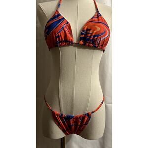 2pc Bikini Set, Halter Triangle Top, Cheeky, String Bottom, Small ,Floral Red